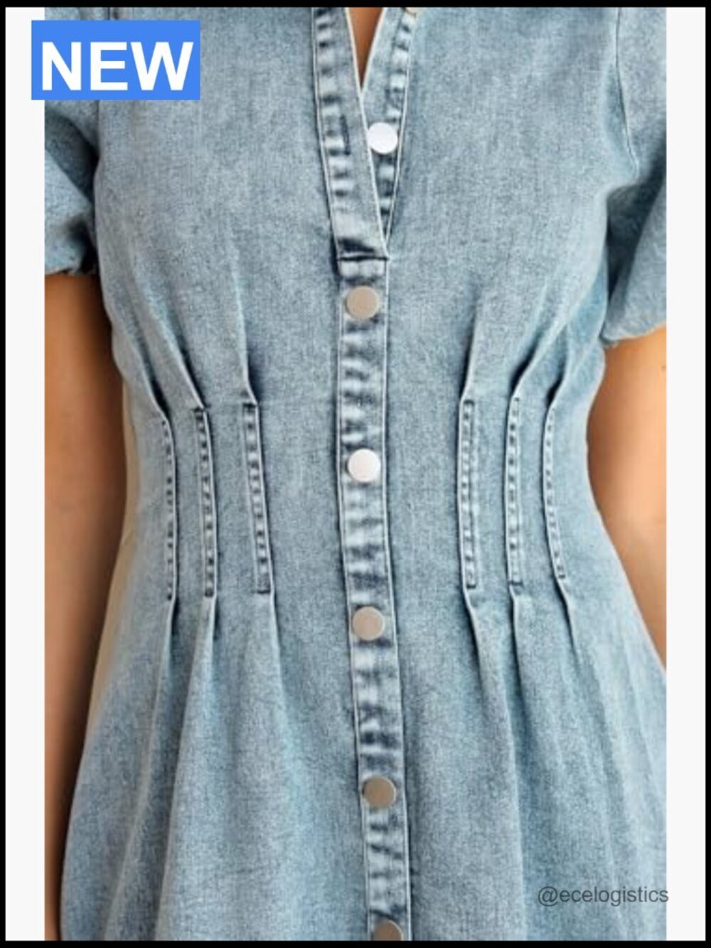 Puff Sleeve Slim Fit Denim Dress A-Line Mini Zip - Picture 4 of 7